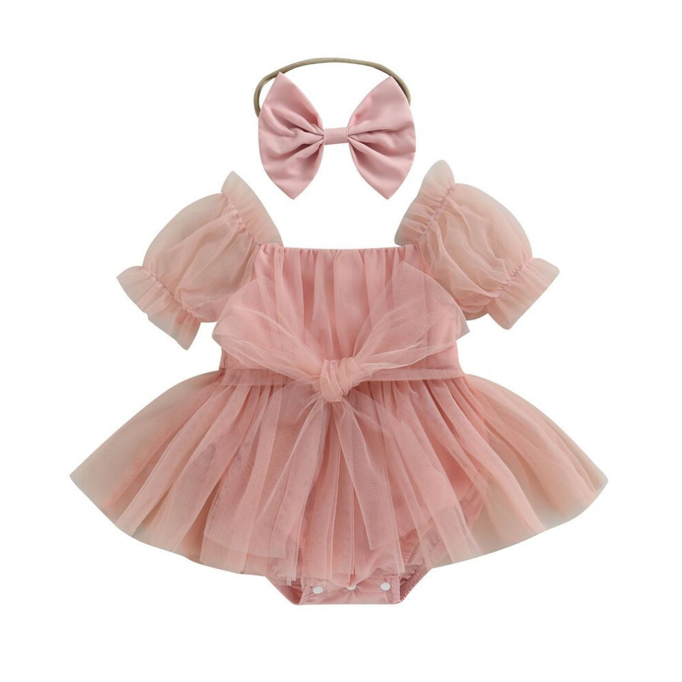 (pink, 6-12 Months) Baby Girl Summer Outfits, Short Sleeve Bow Front Romper Tulle Dress With Headband Set 2pcs Clothes