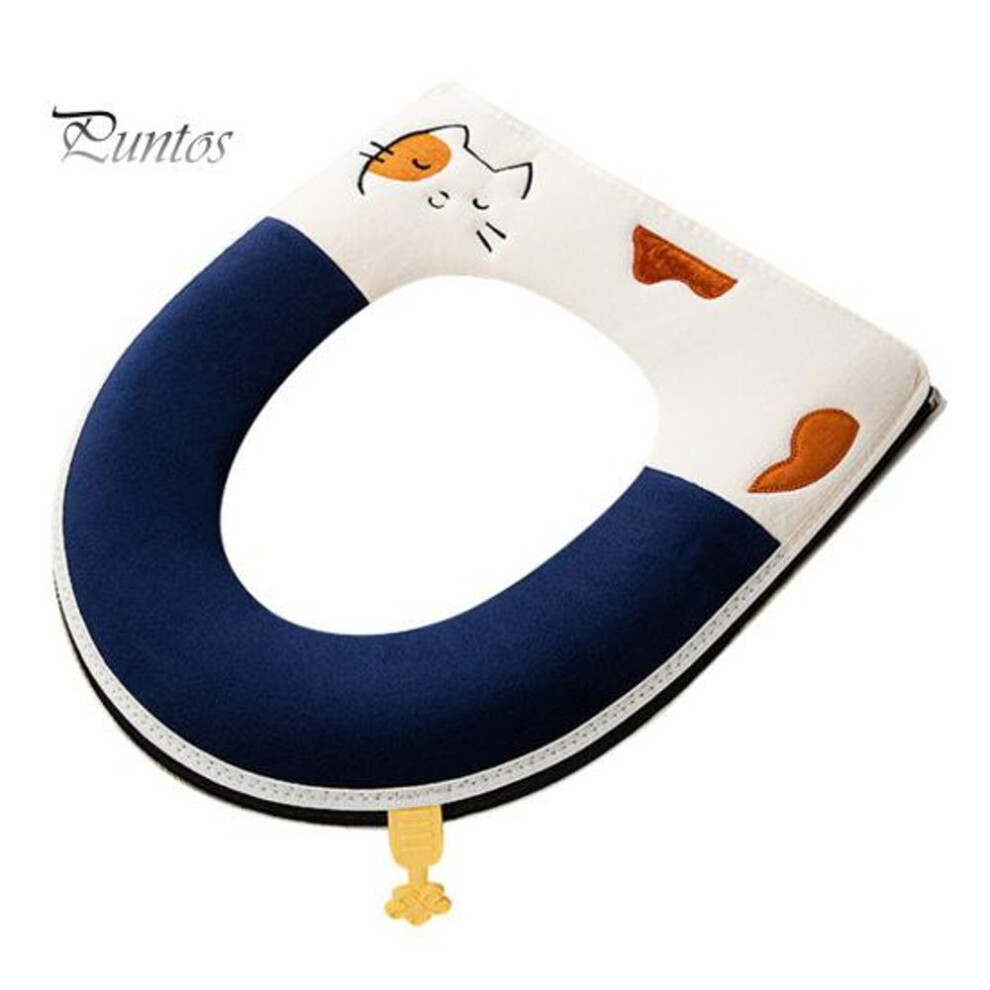(blue) Toilet Seat Winter Warm Cartoon Toilet Seat Cover Washable Toilet Seat Pad with Handle Bathroom Accessory
