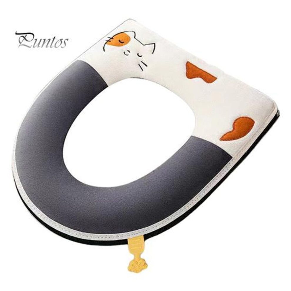 (grey) Toilet Seat Winter Warm Cartoon Toilet Seat Cover Washable Toilet Seat Pad With Handle Bathroom Accessory