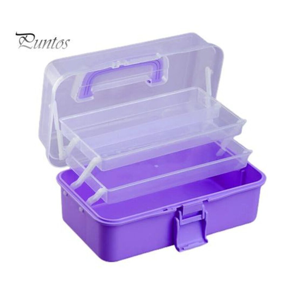 (purple) Multi-layer Folding Organizer Box With Handle Large Capacity Paint Brush Sewing Supplies Sundries Storage Case