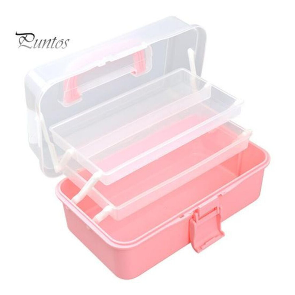 (pink) Multi-layer Folding Organizer Box With Handle Large Capacity Paint Brush Sewing Supplies Sundries Storage Case
