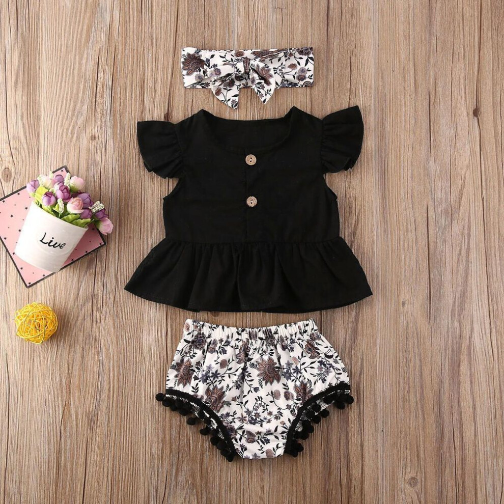 (white, 80) Kids Girl Sleeveless Shorts Suits Girl Ruffles Sets & Headband Leopard 3 Piece Sets For Girl Black Top And Shorts Suits