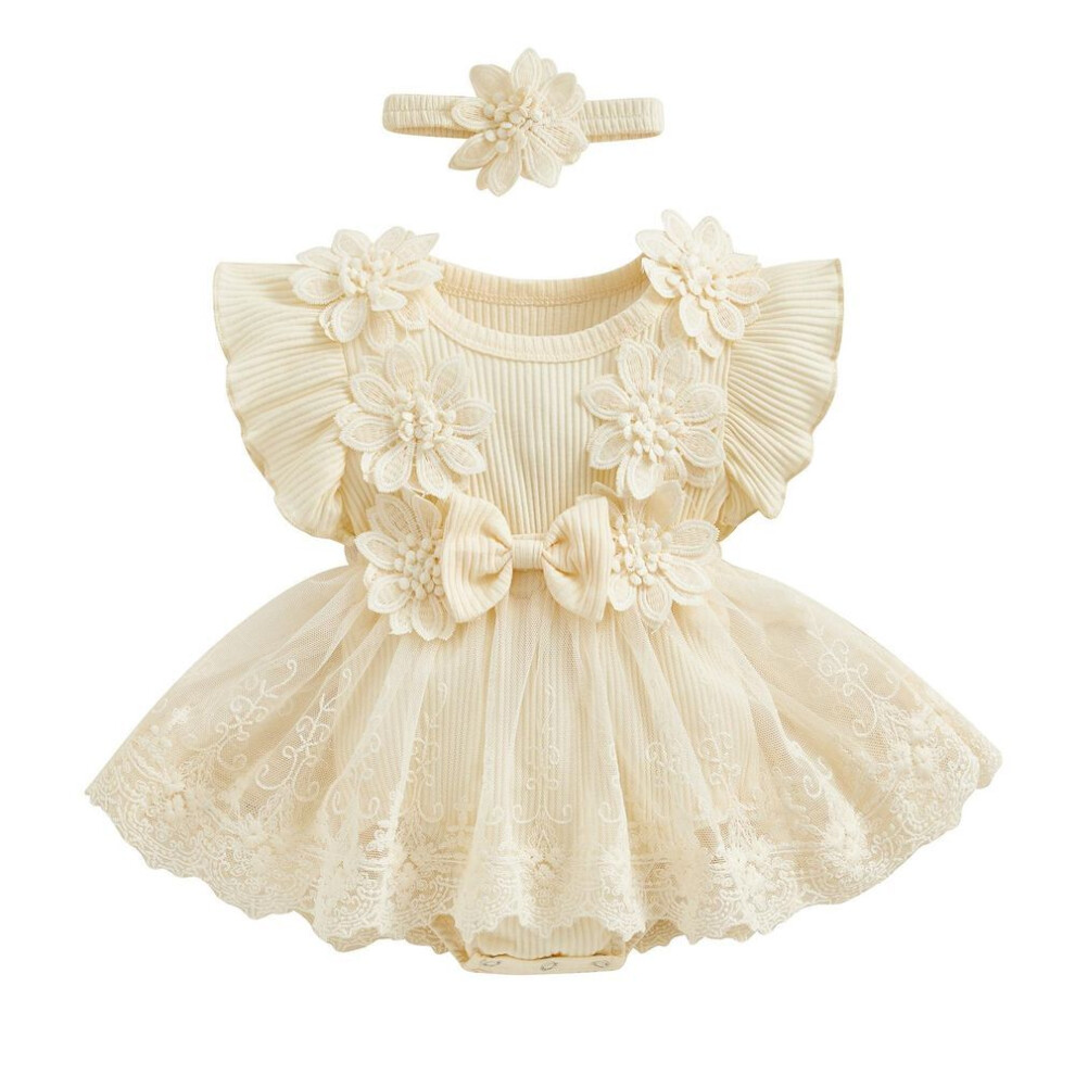 (beige, 3-6 Months) Baby Girl 2 Piece Outfits 3M 6M 12M 18M Mesh Lace Patchwork Ruffle Romper Dress and Headband Cute Fashion Summer Clothes