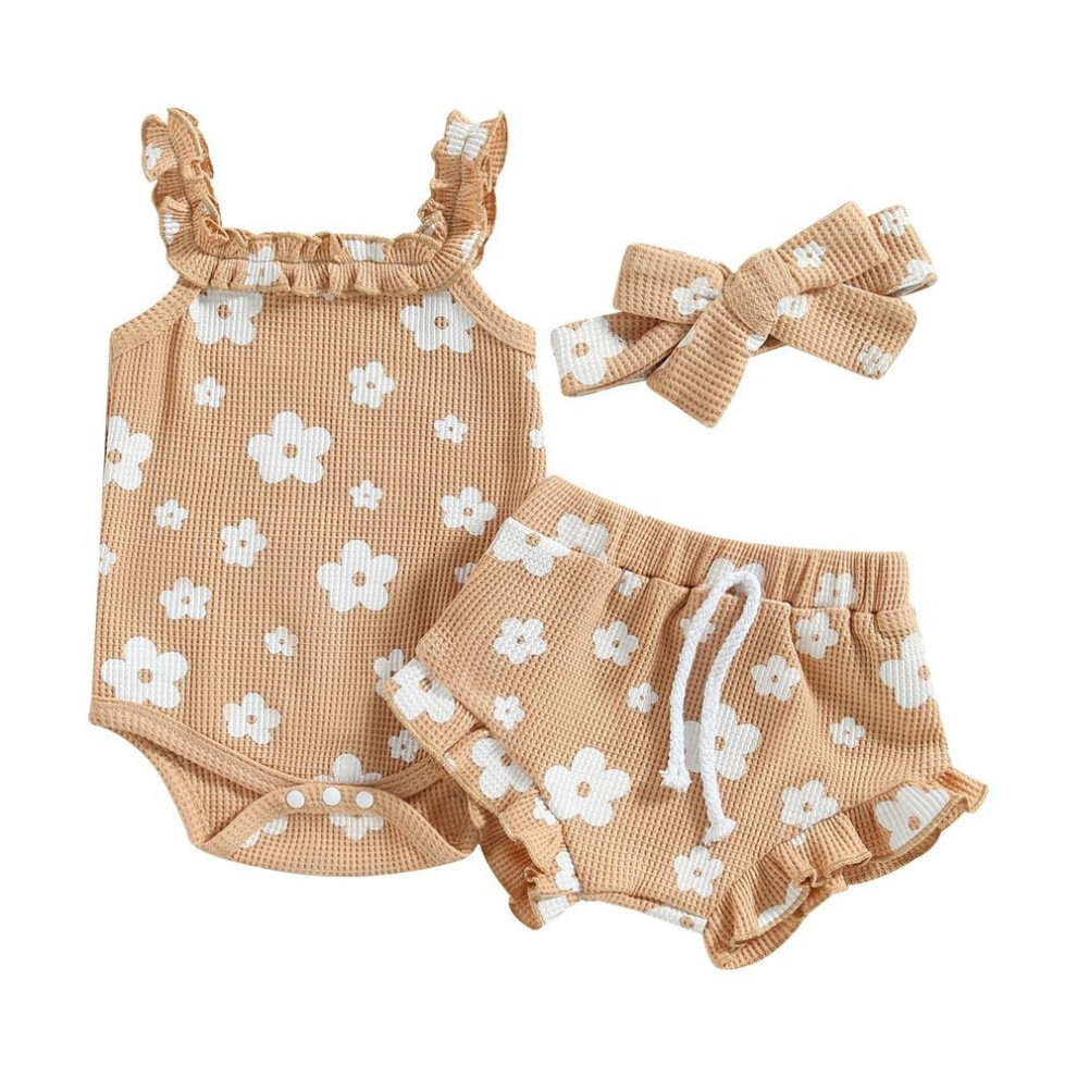 (khaki, 0-3 Months) Newborn Baby Girl Clothes Floral Sleeveless Romper Bodysuit + Ruffle Bloomers Shorts Infant Summer Outfits Set
