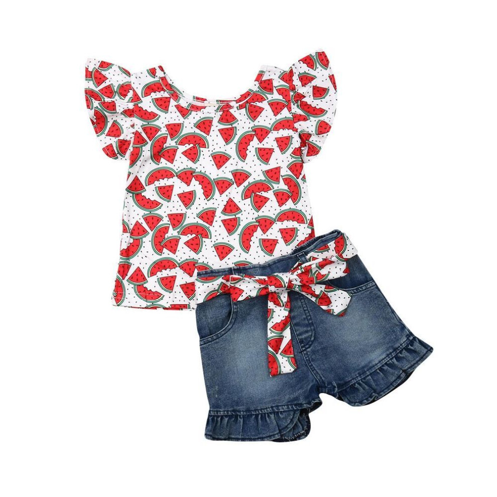 (red, 4-5 Years) Baby Toddler Girls Floral Short Sleeve Tops T-shirt Vest & Denim Shorts Set Kids 1t 2t 3t 4t 5t 6t Clothes Summer Outfits
