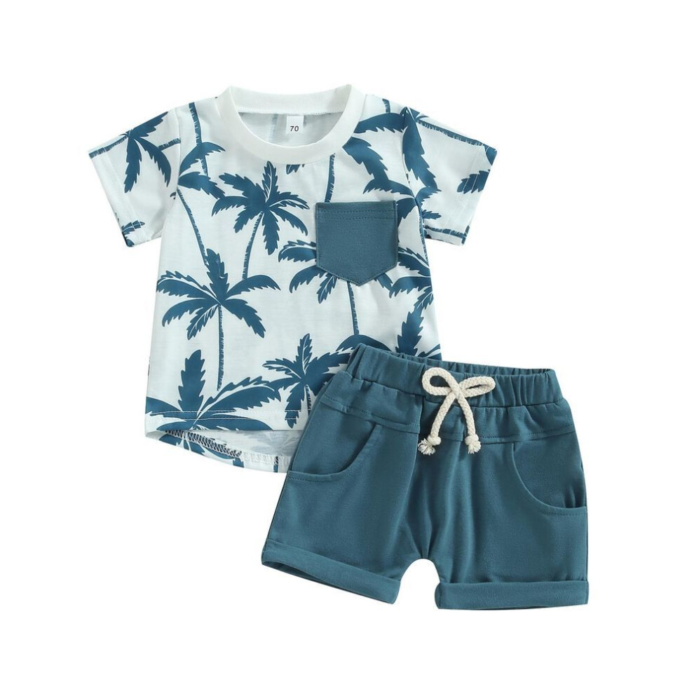 (blue, 6-12 Months) Infant Boy Summer Clothes Suits Beach Style Tree Print Short Sleeve Crew Neck T-shirts And Elastic Waist Shorts 2pcs Set