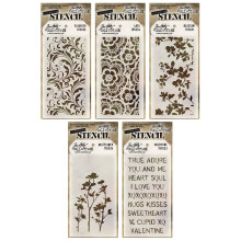 Tim Holtz - Stencils Set 1 - Five Item Bundle - Blossom nflorit din dantela Floarea salbatica ?i Valentine