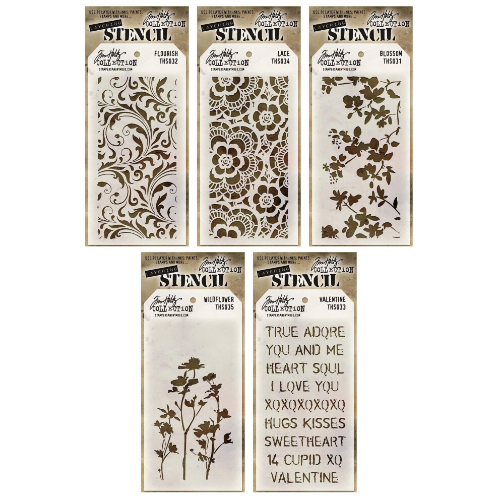 Tim Holtz - Set Di Stencil 1 - Pacchetto Di Cinque Articoli - Blossom Flourish Lace Wildflower E Valentine-image