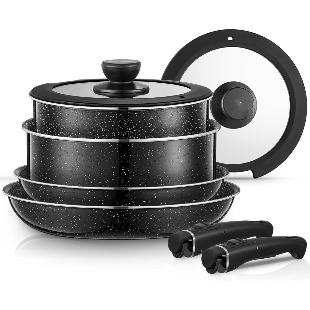 Pots and Pans Set Non-stick 8-Piece Set with 2 Removable Handles and 2 Lids Induction Cooker Kitchen Cookware Set