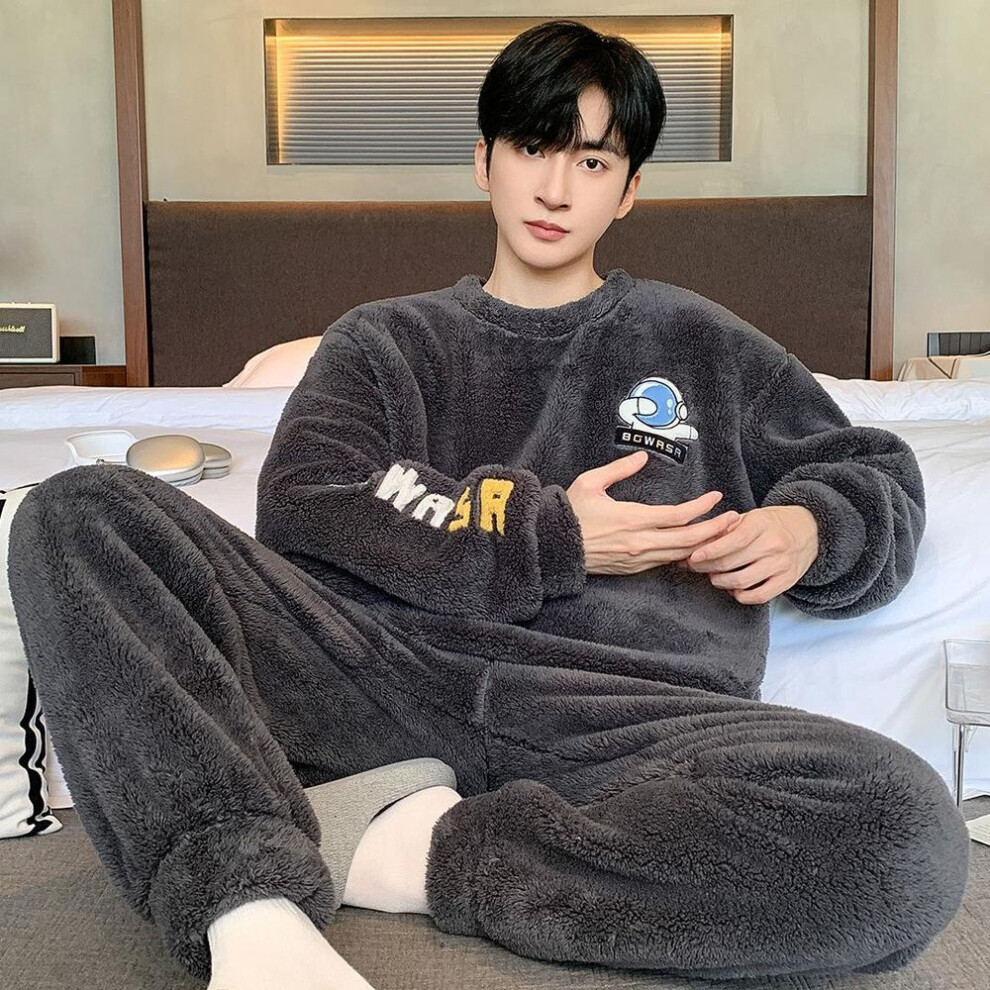 (dark grey, XXL) Cozy Flannel Pajama Sets For Men - Sleep Sets With Long Sleeve Crew Neck Pullover Top & Loose Pants