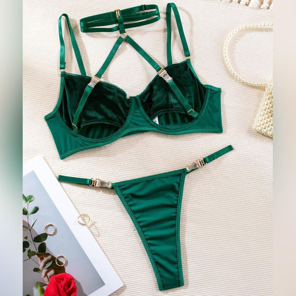(green, S) Cut Out Halter Bra + Panty Underwear Set Women Velvet Lingerie Set Sexy Erotic Intimates Set