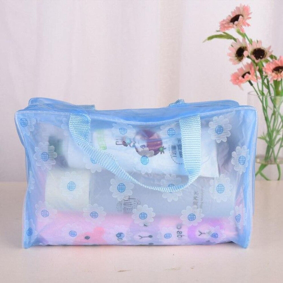 (blue) Women Pvc Cosmetic Bag Case Waterproof Flower Print Cosmetics Transparent Toilet Bag Organizer Pouch Girl Make Up Bags Set