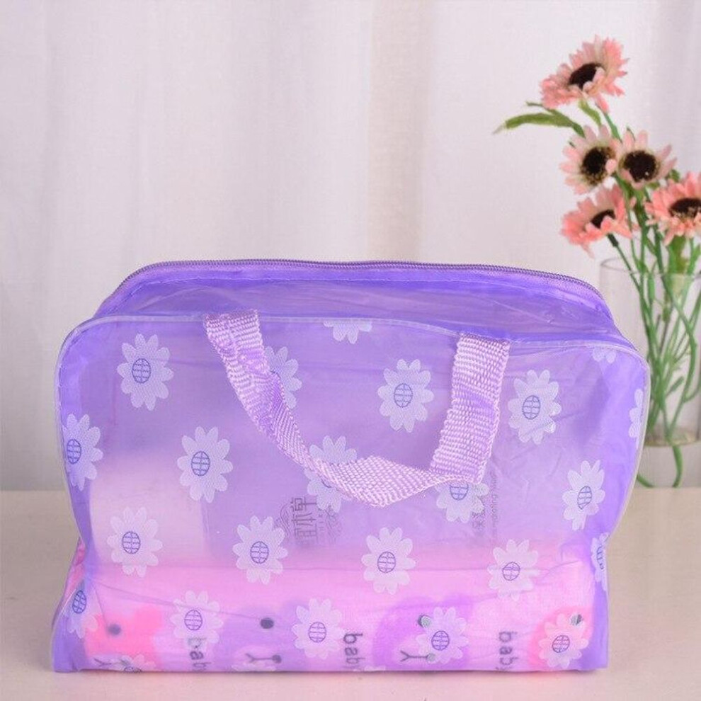 (purple) Women PVC Cosmetic Bag Case Waterproof Flower Print Cosmetics Transparent Toilet Bag Organizer Pouch Girl Make Up Bags Set