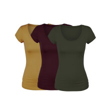Emmalise kort?rmet t-shirt til kvinder med rund hals T-shirt v?rdis?t (3Pk Olive Burgundy Mustard Small)