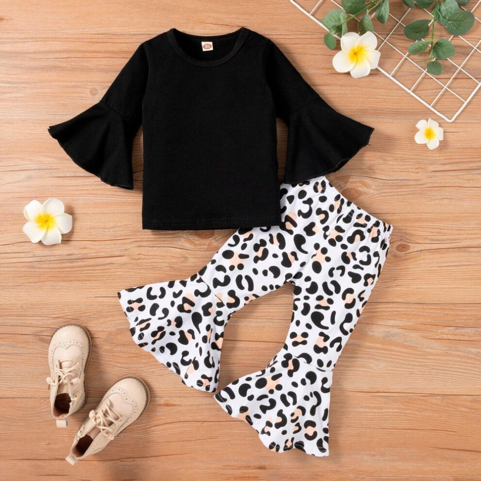 (as the picture, 120) Leopard Print Fashion Girl Clothes Set T-shirt Tops+ Bell-bottomed Pants Flared Pants Outfits Kids  Girls Casual Set