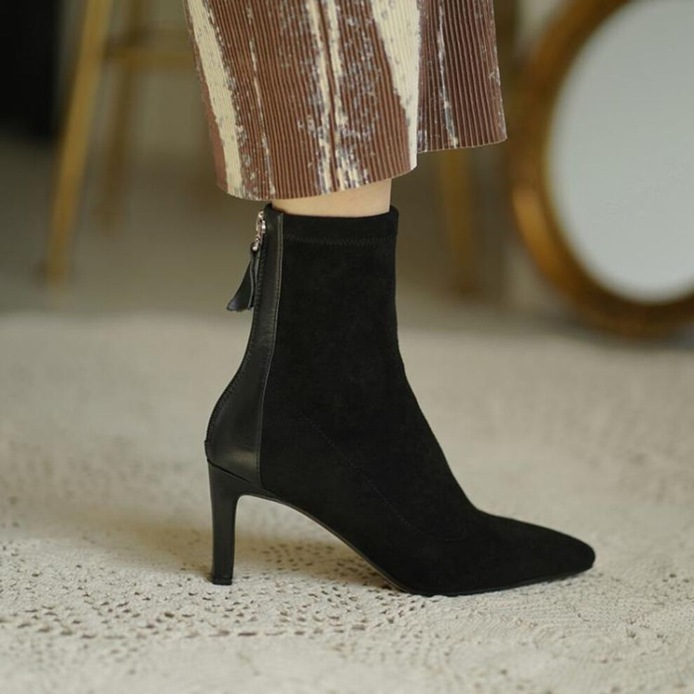 (black, 38) Apricot Pointed Toe 5CM High Heeled Boots Stretch Skinny Boots Socks and Ankle Boots Women