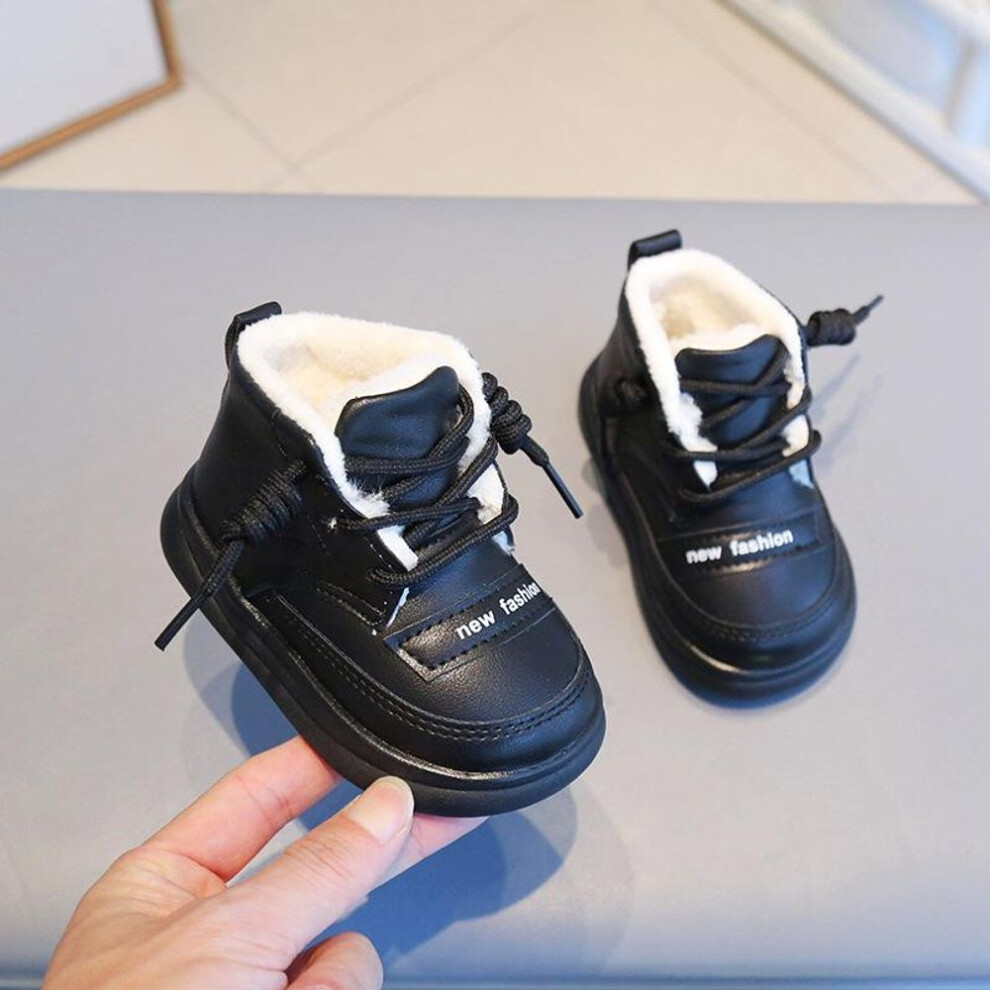 (black, 20) Winter Baby Shoes Infant Girls Boys Pu Leather Cotton Boots Warm Thicken Plush Kids Shoes Soft Sole Non-slip Walking Snow Boots