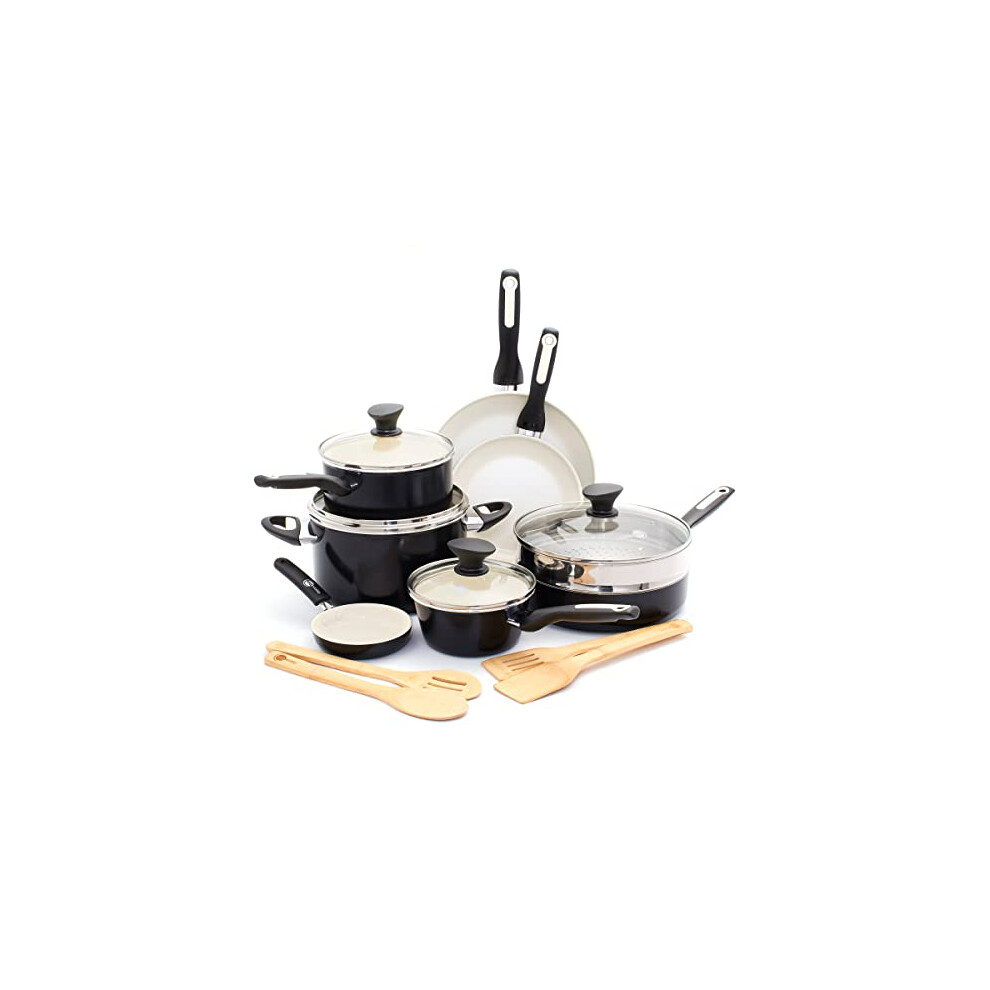 GreenPan Rio Healthy Ceramic Nonstick, Cookware Pots and Pans Set, 16 Piece, Black