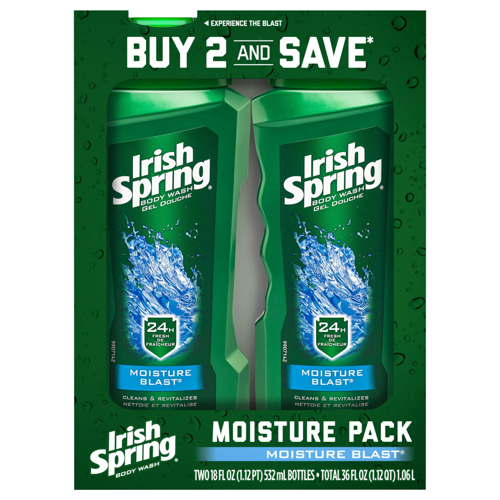 Primavera Sound Irish Spring Moisturizing Mens Body Wash Shower Gel, Moisture Blast - 18 Fluid Ounce (2 Pack)