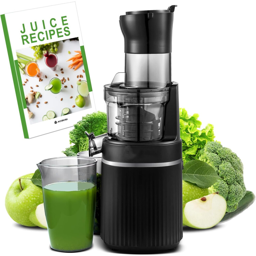 (Black) Aobosi Slow Masticating Juicer with 8CM Large Feed Chute, Cold Press Juicers for Whole Fruit and Vegetable with Two-layer Filter, Safety Lock