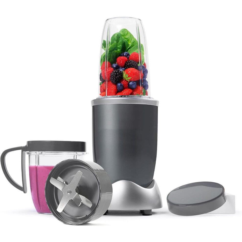 (Graphite) Powerful 20,000 RPM Extractor Blends Frozen Fruit, Nuts & Ice - 7 Piece Kit Includes 1x Tall Cup, 1x Short Cup, 1x Handled Ring & 1x Sealable Lid