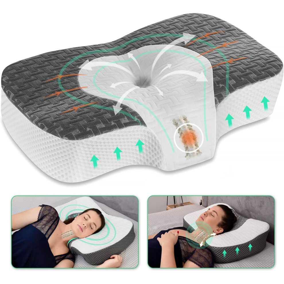 (Queen Size 23.6*15.2*3.9/5.3 inches, Dark Grey) Cervical Memory Foam Neck Pillow for Side Sleeping, Orthopedic Pillows for Back and Stomach Sleepers, Adjustable Ergonomic Bed Pillow Pain Relief