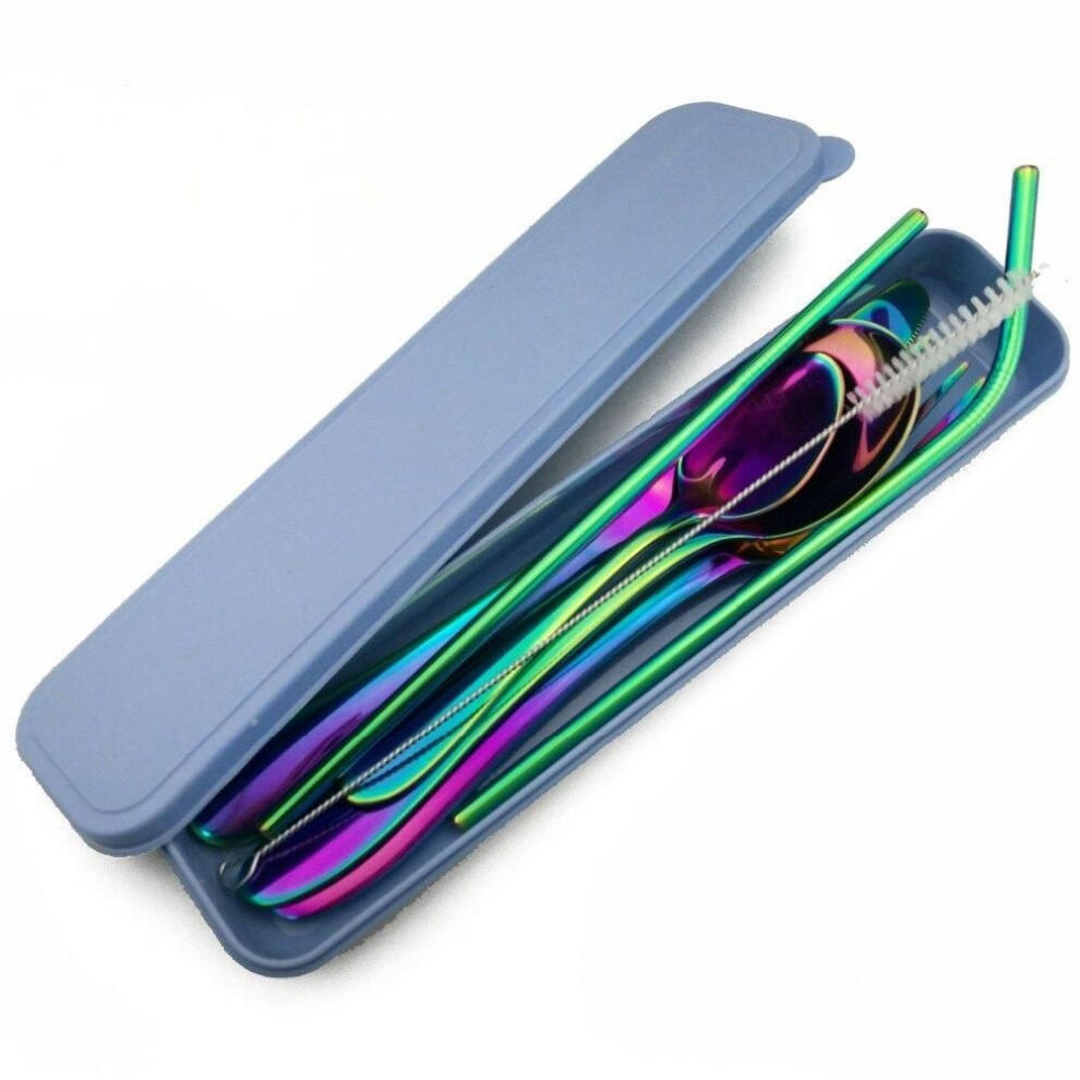 8pcs/set Rainbow Silverware Set Dinnerware Set Stainless Steel Knife/fork/teaspoon Straws With 1brush 1box Reusable Metal Straw