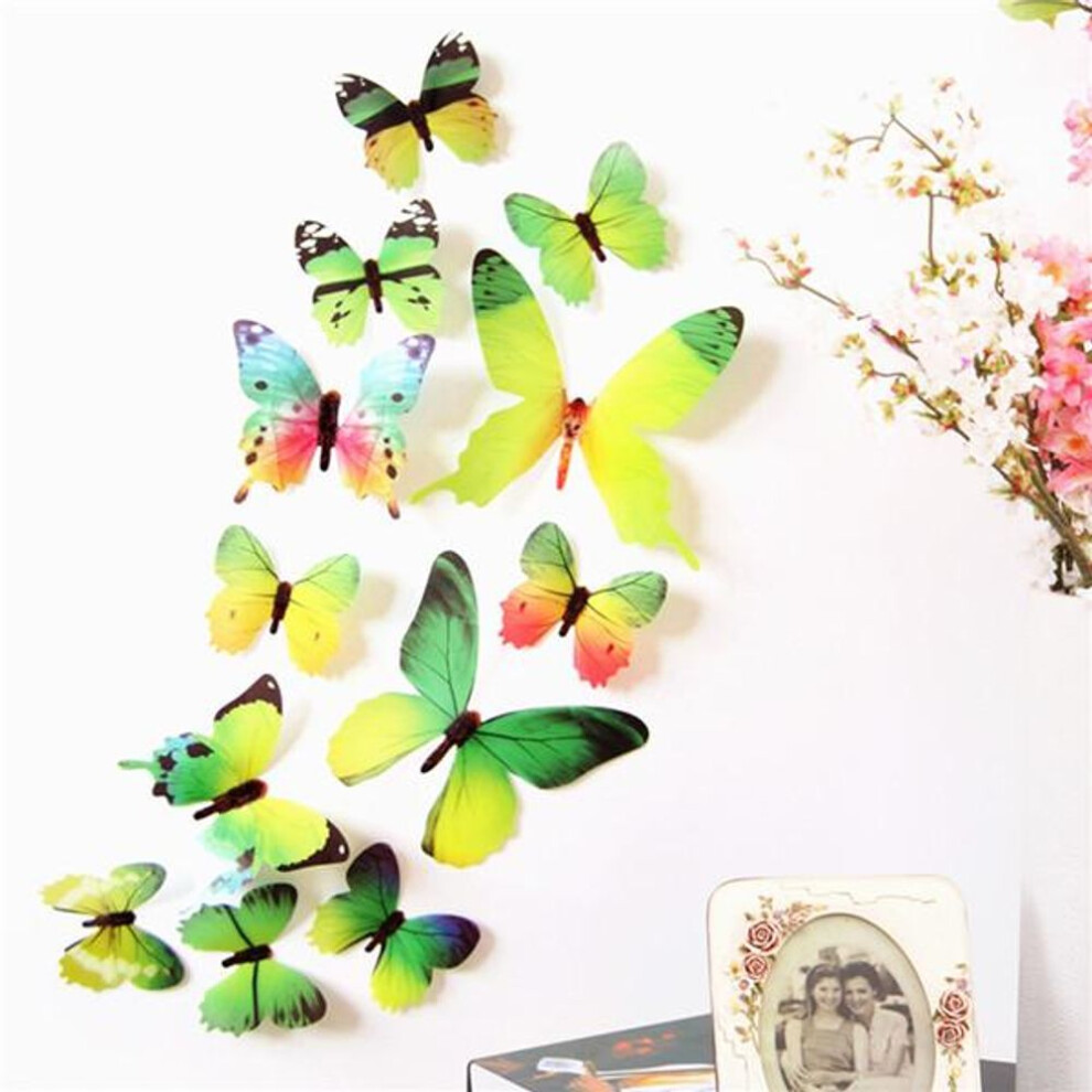 (green) 12pcs Butterfly Sticker Art Design Decal Wall Stickers Home Decor Room Decorations 3D
