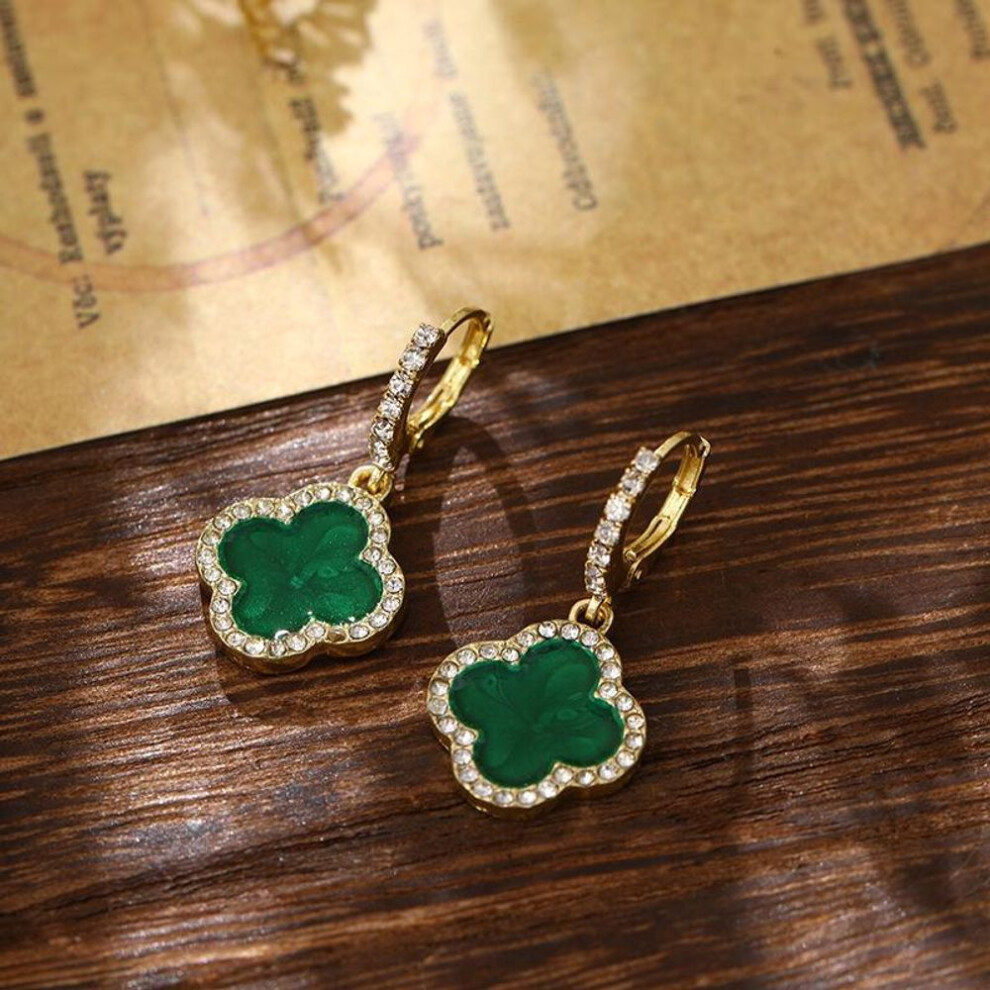(Green) Classic Luxury Four-Leaf Clover Delicate Rhinestone Women's Earrings Netroots High-Level Sense Of Earrings Green