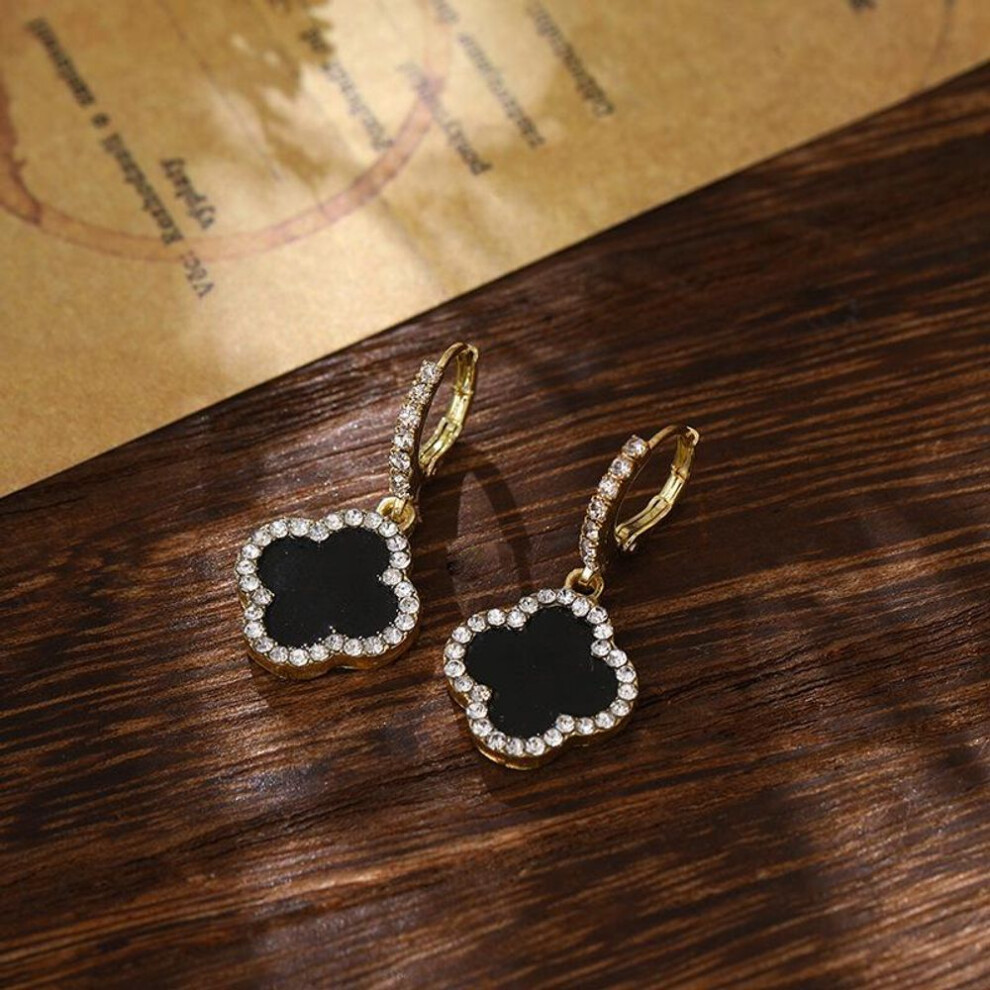 (Black) Classic Luxury Four-Leaf Clover Delicate Rhinestone Women's Earrings Netroots High-Level Sense Of Earrings Black