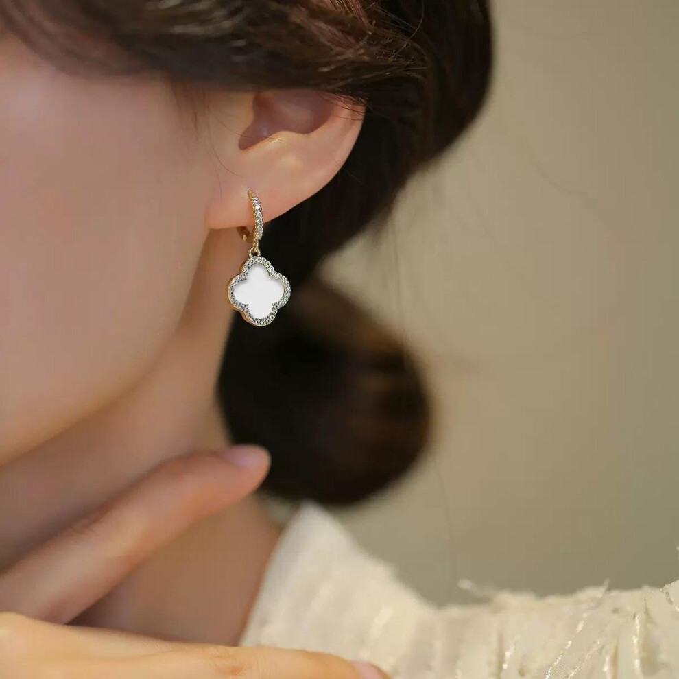 (White) Classic Luxury Four-Leaf Clover Delicate Rhinestone Women's Earrings Netroots High-Level Sense Of Earrings White