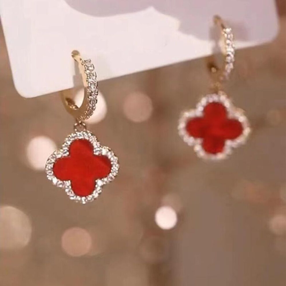 (Red) Classic Luxury Four-Leaf Clover Delicate Rhinestone Women's Earrings Netroots High-Level Sense Of Earrings Red