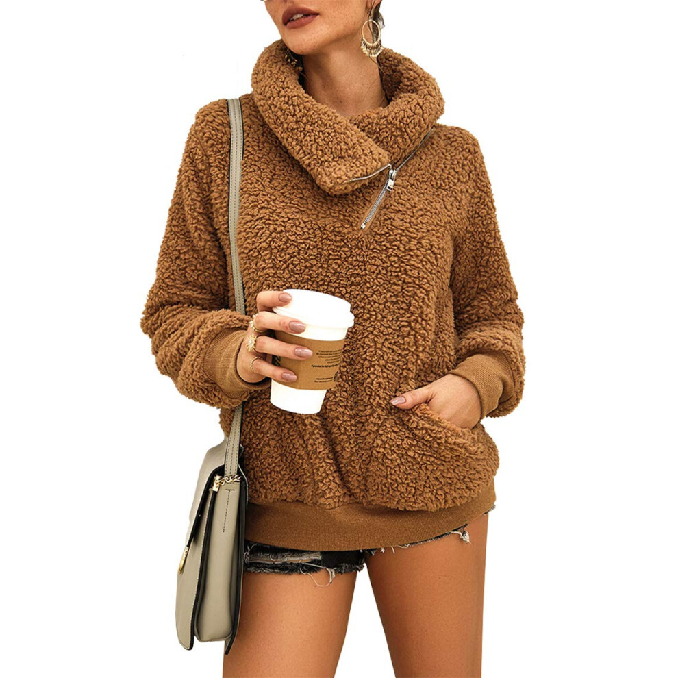 KIRUNDO 2023 Automne Hiver Femmes Revers Polaire Pelucheux Sweat Faux Shearling Zip Chaud Sherpa Pull V?tements D'ext?rieur Avec Poches (Moyen, Kaki)