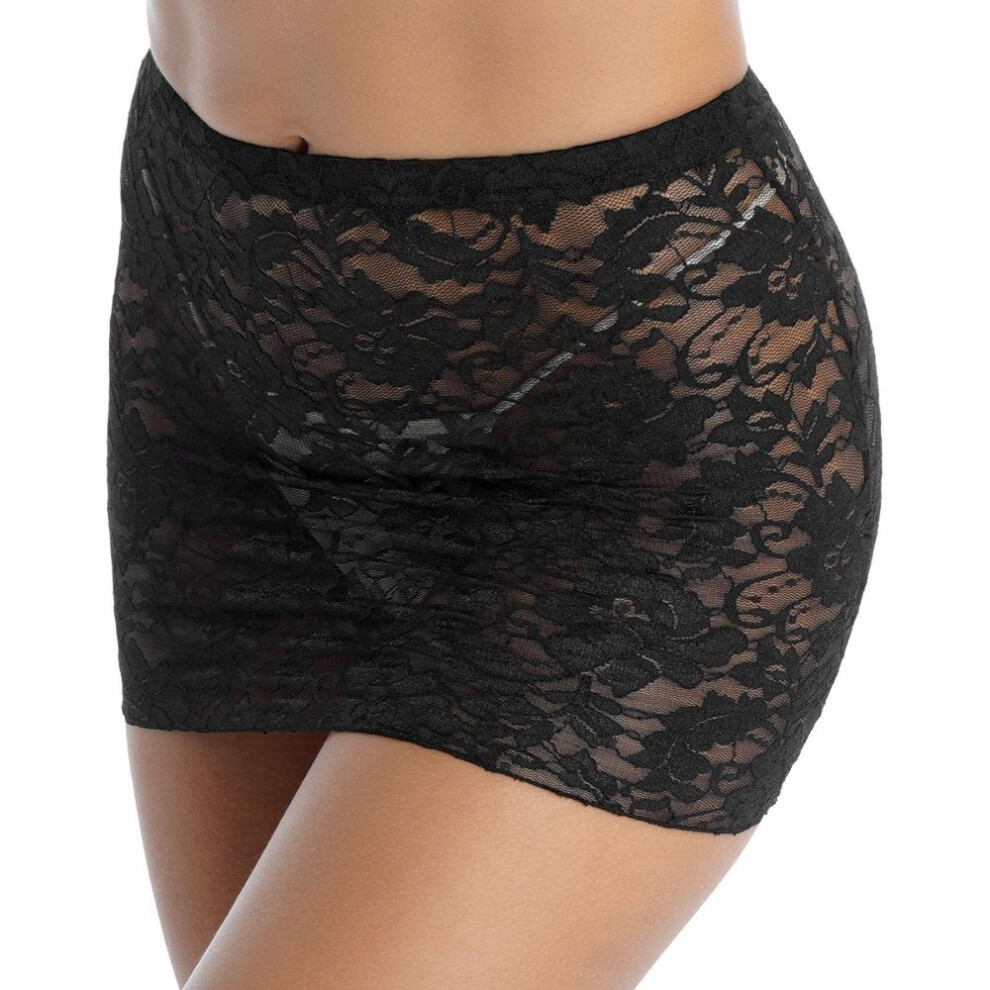 (black) Womens Lace High Waist Elastic Lingerie Skirt Transparent Lace Long Skirt