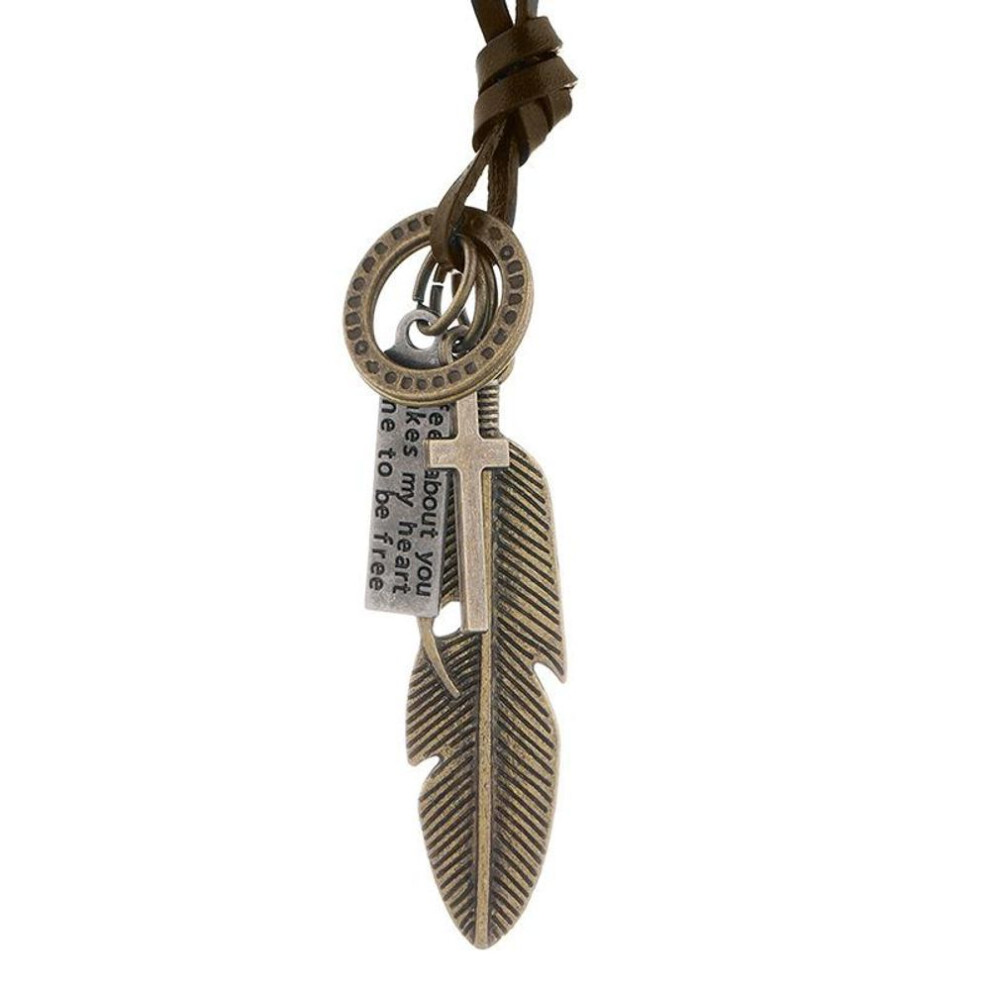 (copper) Vintage Feather Pendant Necklaces For Women Men Friendship Adjustable Long Leather Rope Chain Necklace Jewelry