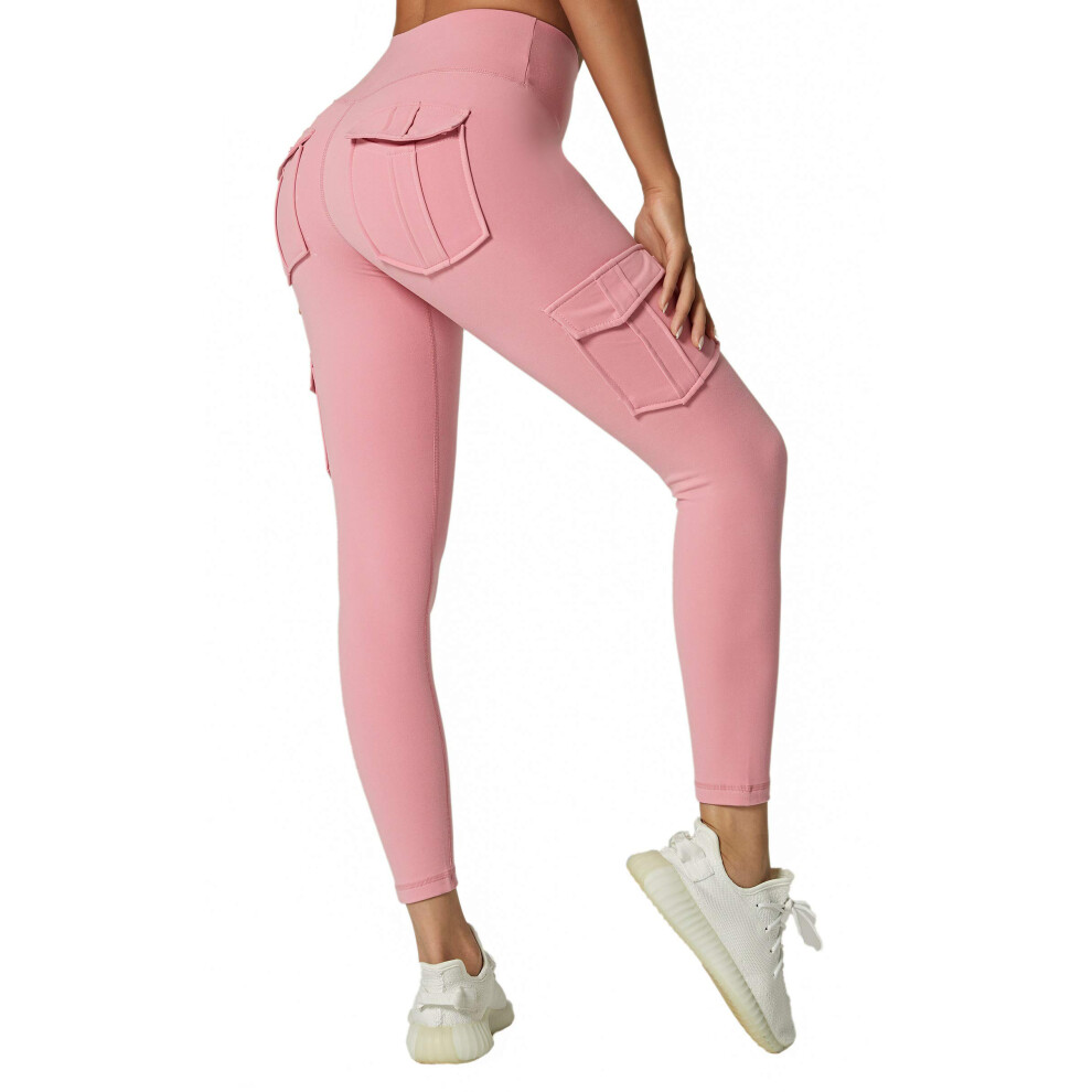 JEGGE Legging de yoga taille haute avec 4 poches, contr?le du ventre, entra?nement, course ? pied, extensible dans les 4 sens, poches cargo (rose, M)