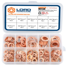 LordHardware 200 kpl kuparimurskauksen metriset aluslevyt Lajitelmasarja Tasatiivistealuslevy M5 M6 M8 M10 M12 M14 (9 kokoa)