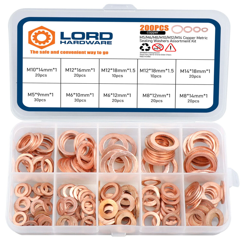 Lordhardware 200Pcs Copper Crush Metric Washers Assortment Kit Flat Sealing Washer M5 M6 M8 M10 M12 M14 (9 Sizes) 619988877353