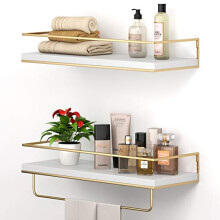 Shario White Floating Shelves - Set of 2, Wall Mounted Hanging Shelves with golden Towel Rack, Decorative Storage Shelves for Bathroom, Kitchen, Livi