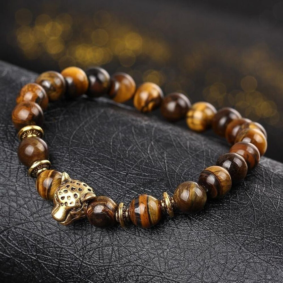 (brown) Gold Leopard Head Gold Tiger Eye Bead Buddha Natural Agate Stone Bracelet For Men Male Punk Jewelry