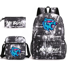 (Lightning black) Mr Beast Lightning Cat School Bag Backpack Pencil Case Shoulder Bag Three-piece Set _a