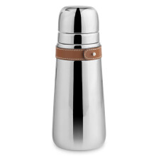 Nambe Tahoe Cocktail Shaker | Rostfritt stål med läderdetalj och sil | Mått 3 x 9 tum