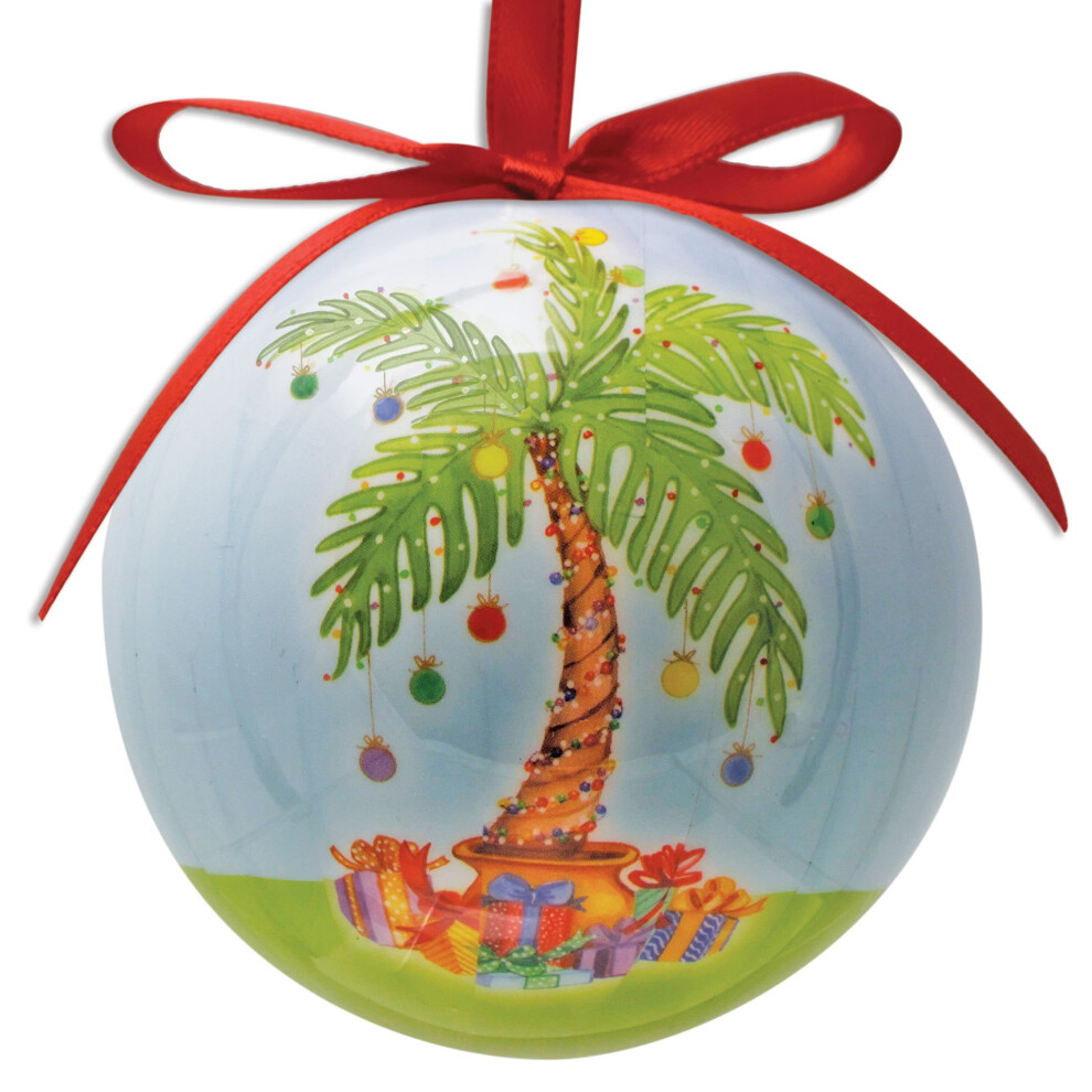 Palm Tree Ball Christmas Ornament, Palm Tree Decorated with Ornaments and Gifts Underneath