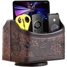 Antique Leather Remote Control Holder, 360 Degree Spinning Desk TV Remote Caddy/Box
