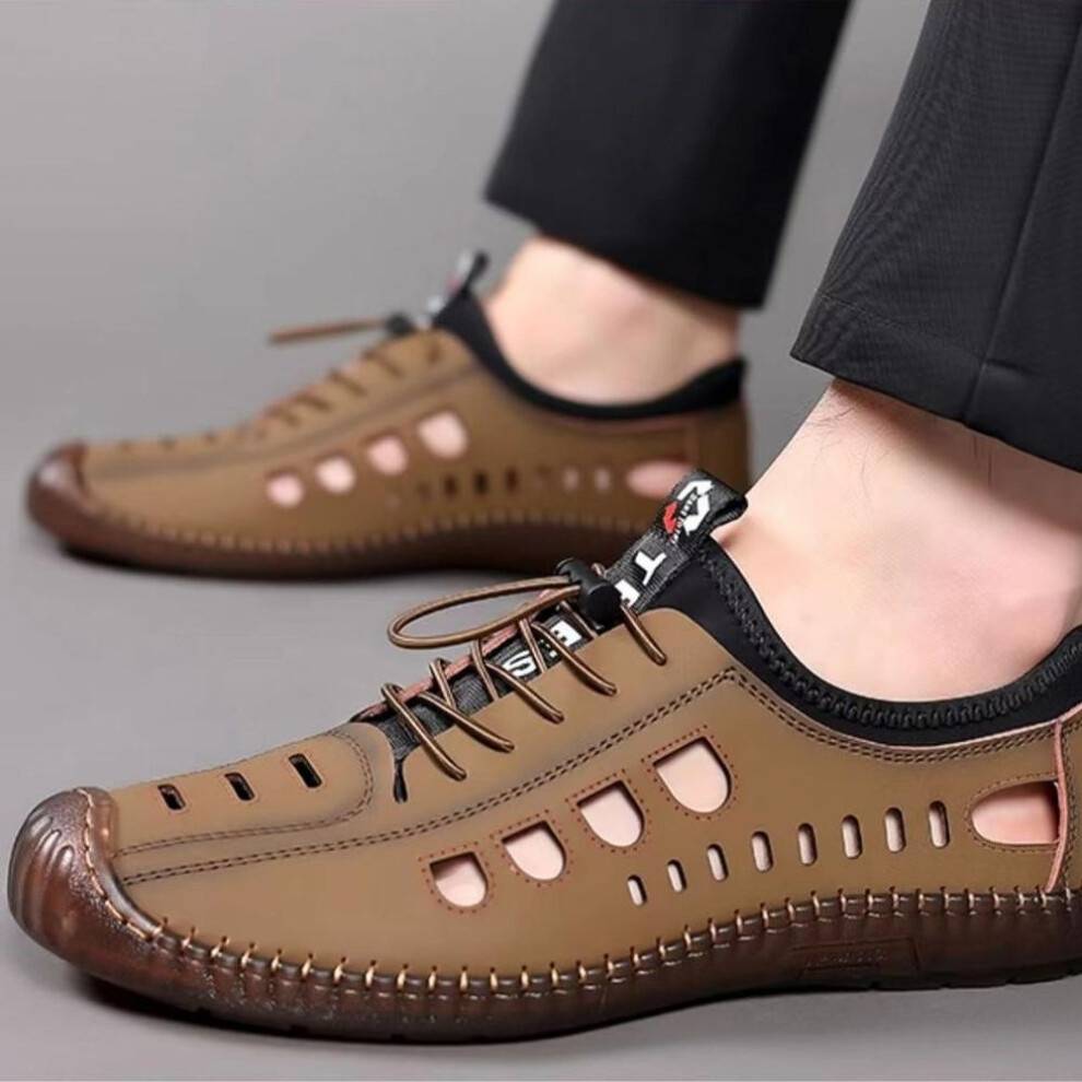 (khaki, 41) 2023 Sandals for Men Spring Summer New Men&apos;s Casual Hollow Breathable Leather Shoes with Non Slip Soft Sole