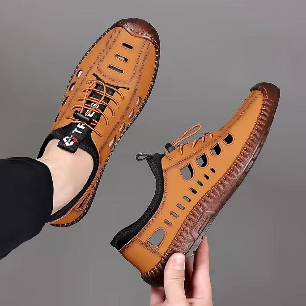 (orange, 40) 2023 Sandals for Men Spring Summer New Men&apos;s Casual Hollow Breathable Leather Shoes with Non Slip Soft Sole