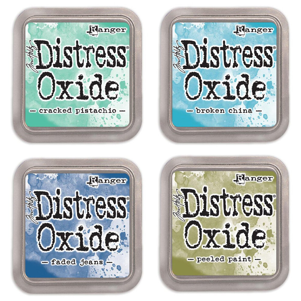 Lot de 4 tampons encreurs Ranger Tim Holtz Distress Oxide - Pistache craquel?e, porcelaine cass?e, jean d?lav? et peinture pel?e