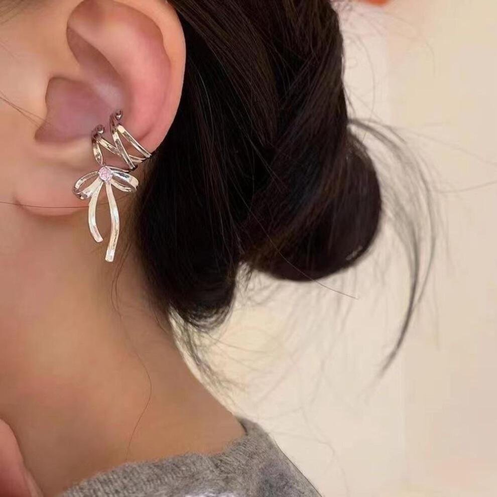 (as the picture, Left—1PCS) Pink Butterfly Ear Cuff Earrings For Women Girls Fashion Bowknot No Piercing Clips Earring Fake Piercing Ballet Clip On Jewelry