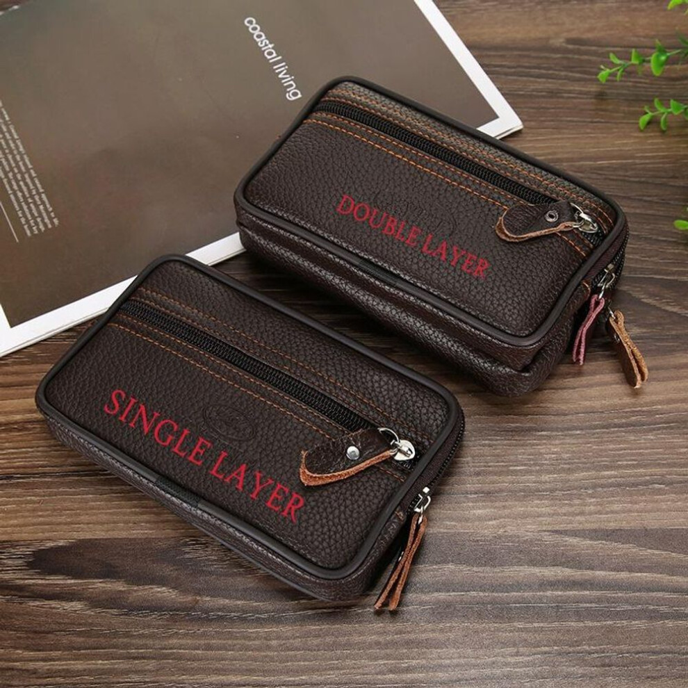 (brown, Single layer) Men&apos;s Pocket Money Waist Bag Hip Bag Mobile Phone Case Small Bag Sports Bag Mobile Phone Bag Large Space Zipper Leather Belt Bag