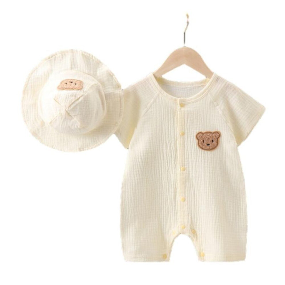 (beige, 90 (1-2T)) Summer Baby Romper Muslin Short Sleeves Jumpsuit For Girls Boys Cute Bear One-pieces Clothing Newborn Summer Thin Bodysuits